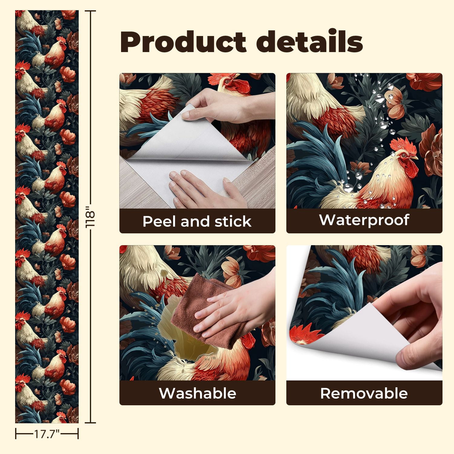 Chicken Peel and Stick Wallpaper Roosters Floral Vintage Botanical Style Wall Mural 17.7in x 9.8ft Self Adhesive Removable Wall Paper Renter Friendly Wallpaper for Nursery Bedroom Cabinets