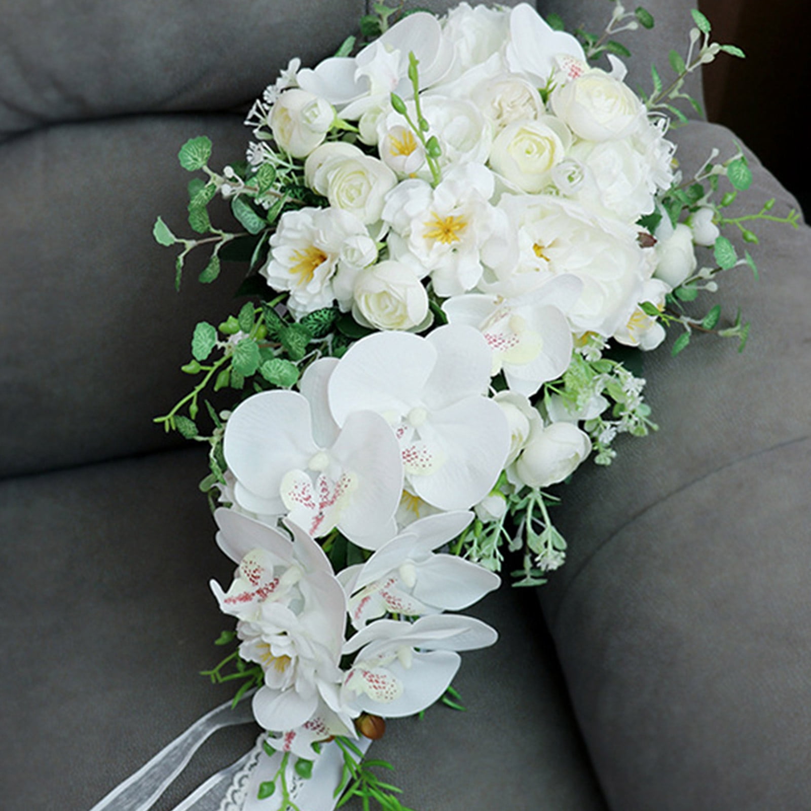 HESITONE Wedding Cascading Bridal Bouquet Artificial for Butterfly Orchid Water Drop Style Waterfalls Bridesmaid Holding Flower D