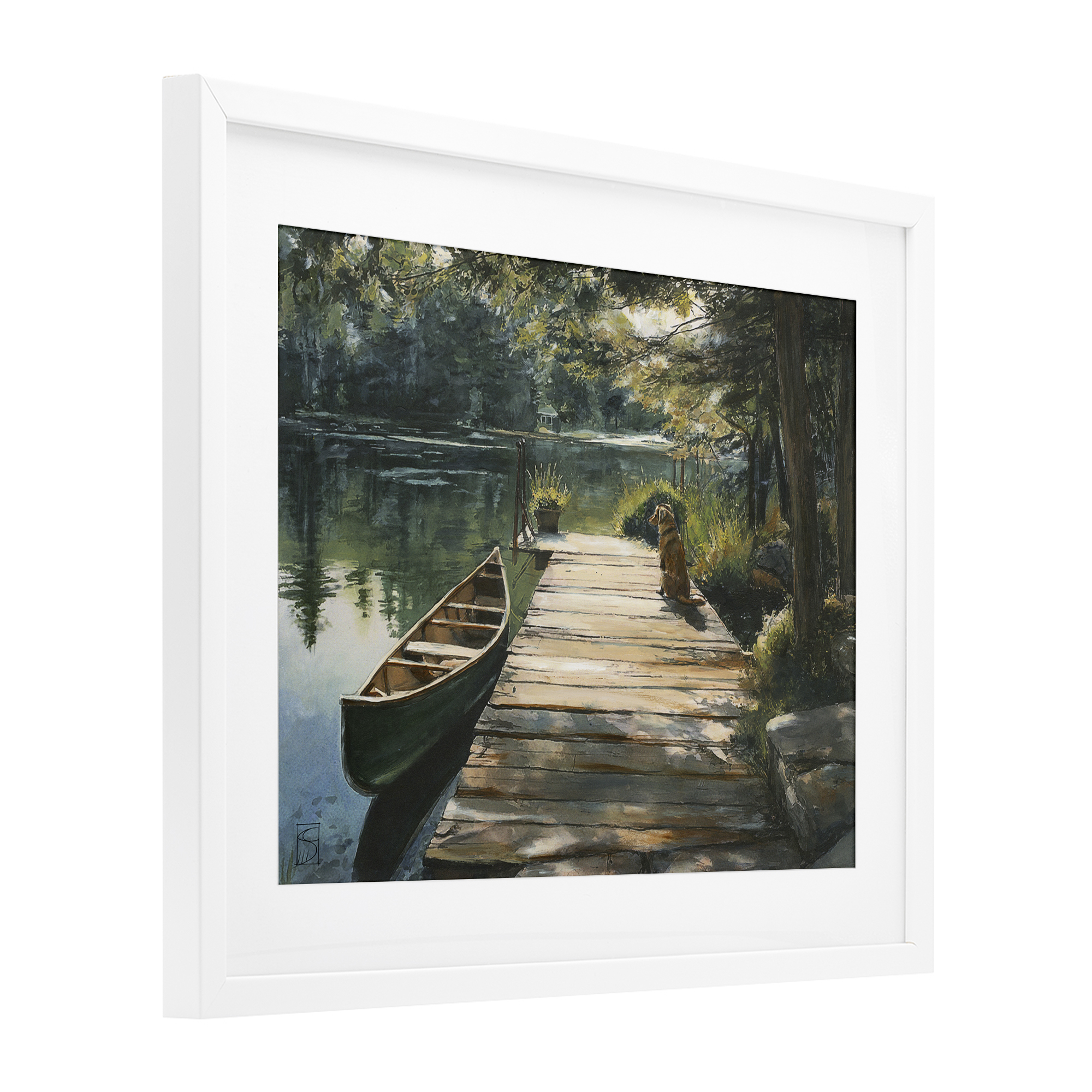 Lake Life Dog on Dock White Framed Print Under Glass, design by Sara Culpepper