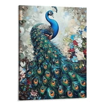 BCIIG  Elegance Peacock Canvas Wall Art Animal Painting Print Vintage Blue Peacock and White Floral Picture Artwork Decor Frame 16''x20''