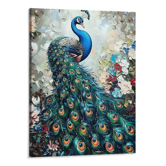 BCIIG Elegance Peacock Canvas Wall Art Animal Painting Print Vintage Blue Peacock and White Floral Picture Artwork Decor Frame 16''x20''