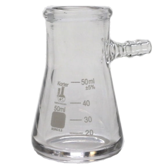 50ml Heavy Wall Filtering Flask, Tubulation, Graduated, Borosilicate 3.3 Glass, Karter Scientific 250K4 (Single)