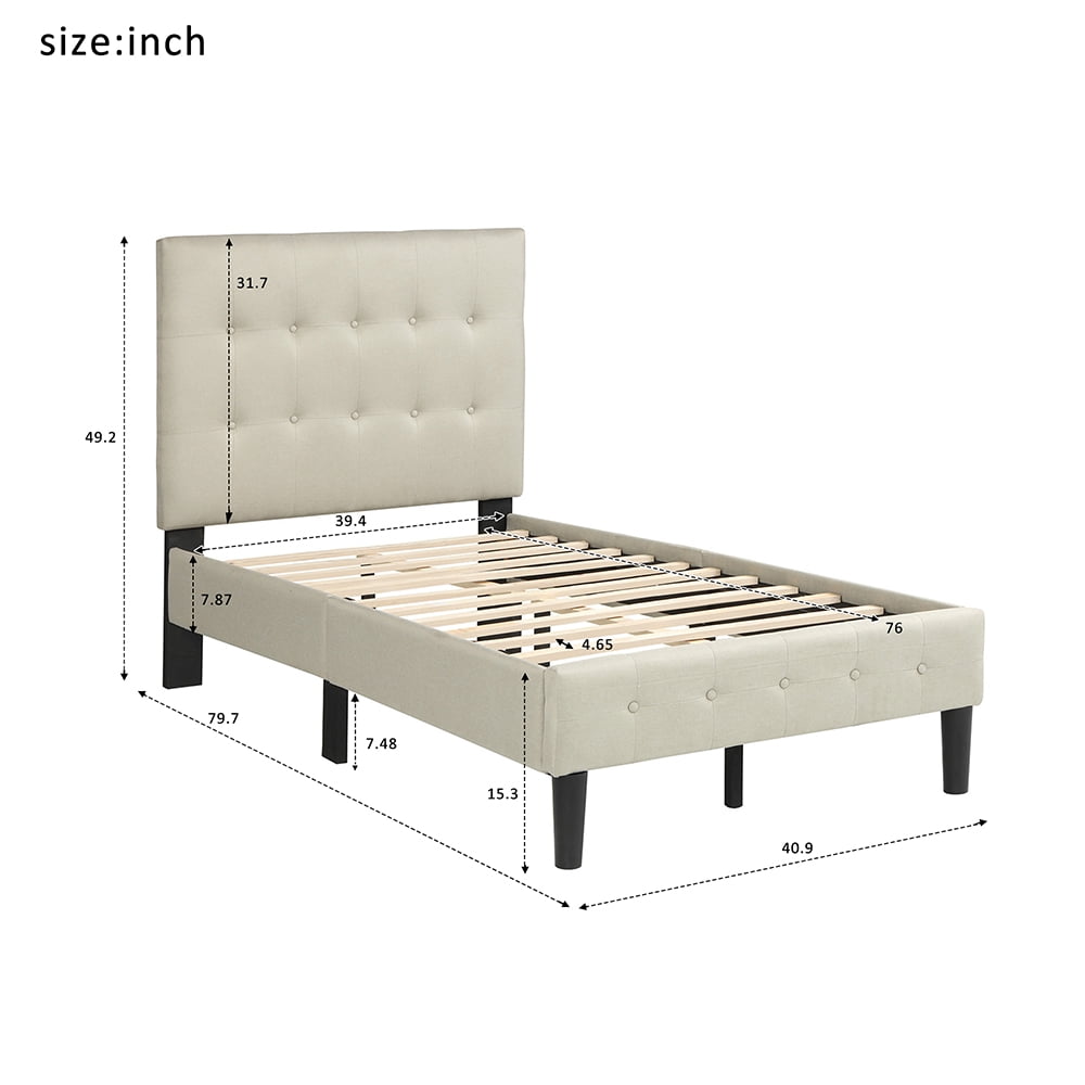 Kepooman Twin Size Upholstered Platform Bed Frame with Headboard, 79.7"L x 40.9"W x 49.2"H, Beige Kepooman Twin Size Upholstered Platform Bed Frame with Headboard, 79.7"L x 40.9"W x 49.2"H, Beige