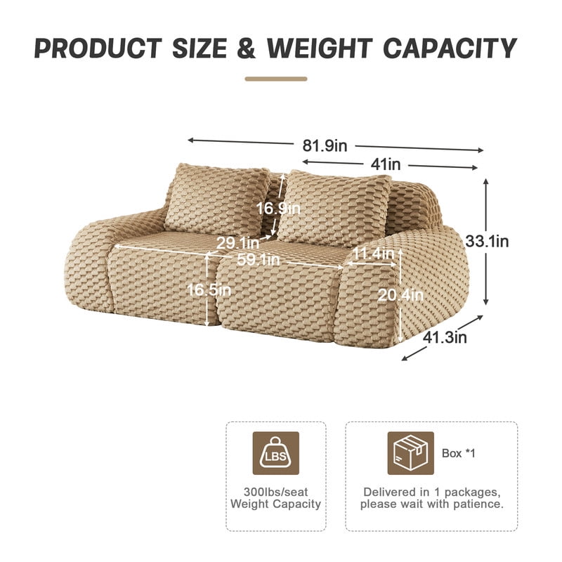 82" Modern Modular Sectional Sofa for Living Room,Flannelette Fabric,highly textured,Oversized 2-Seater Couch with Deep Seat,Buckle connection,Anti-slip Design,No Assembly,boneless sofa,Light Camel