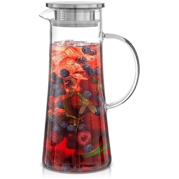 Glass Pitcher with Lid - 50oz Borosilicate Water Carafe, Jug with Stainless Steel Lid for Iced Tea, Lemonade, Juice, Mixed Drinks