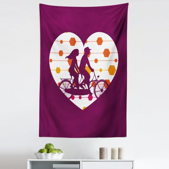 Bike Party Tapestry, Romantic Couple on Tandem Bicycle on Modern Geometric Shaped Backdrop, Fabric Wall Hanging Decor for Bedroom Living Room Dorm, 5 Sizes, Plum White Vermilion, by Ambesonne