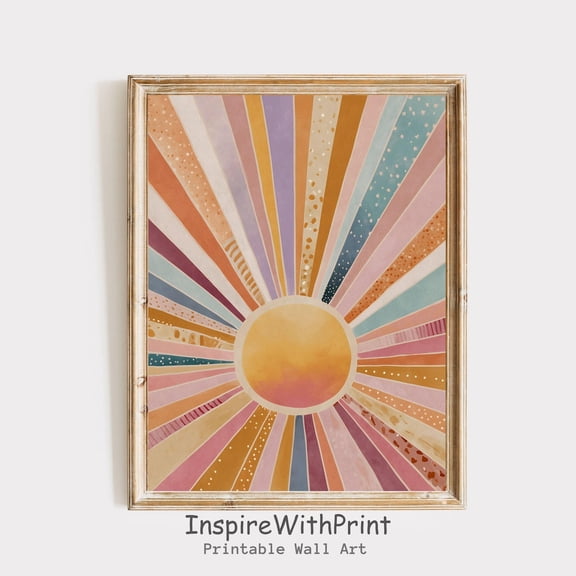 Boho Sun Print, Colorful Boho Sun Wall Art Printable Abstract Sunrise Print, Midcentury Modern Art Poster, Boho Nursery Wall Art, Size 8x12 UNFFRAMED