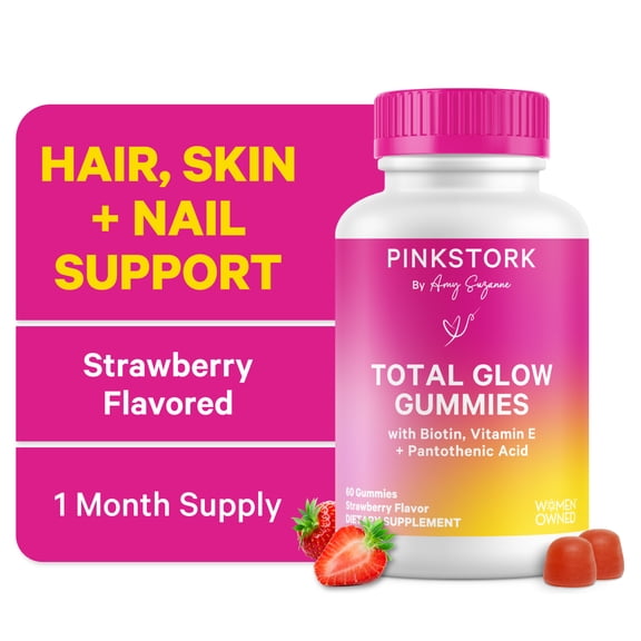 Pink Stork Total Glow Hair, Skin and Nails Gummies with Biotin   B Vitamins, 60 Berry Gummies