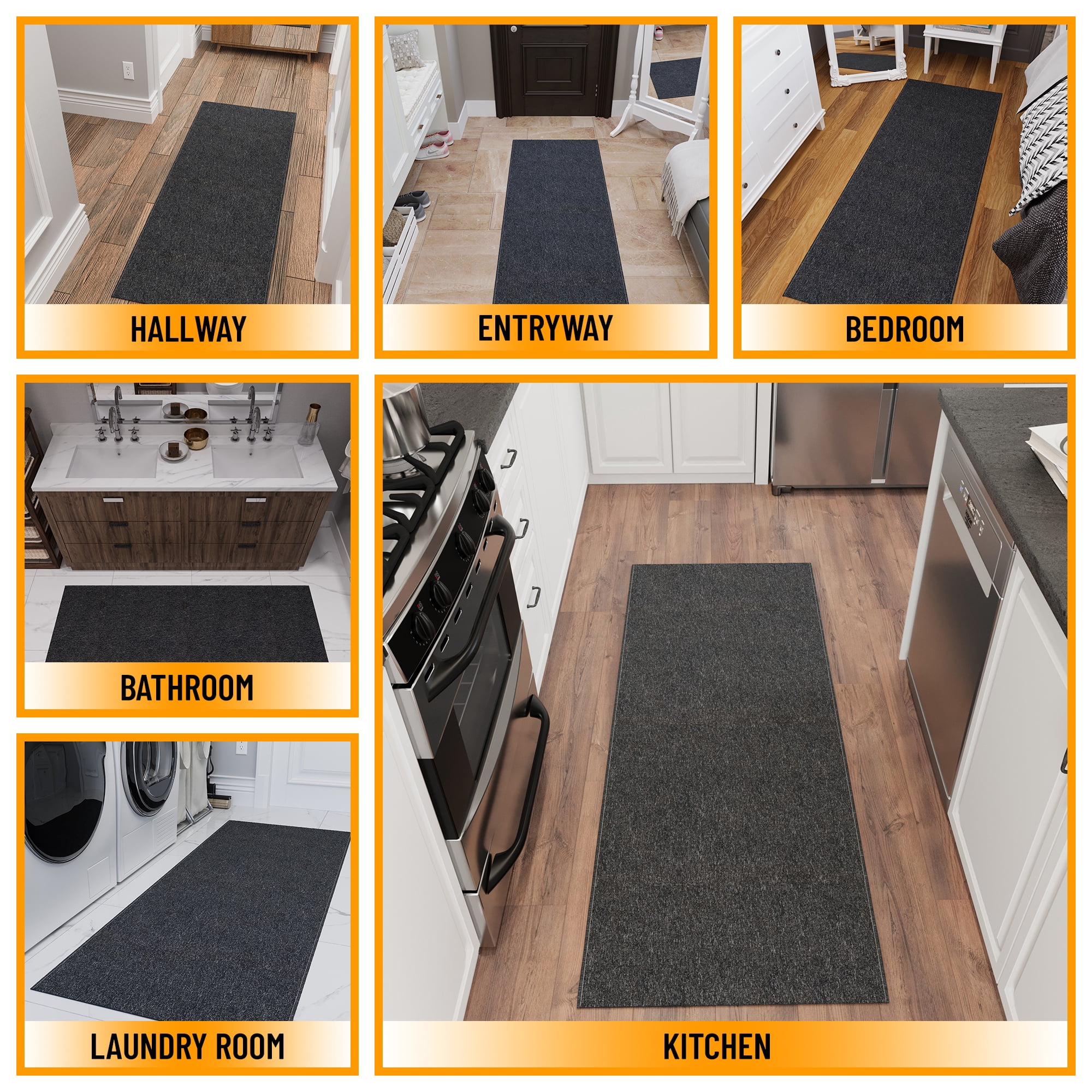 Ottomanson Small Area Rug 1'10" x 3' Non-Slip Stain-Resistant Entryway Mat for Bathroom, Black