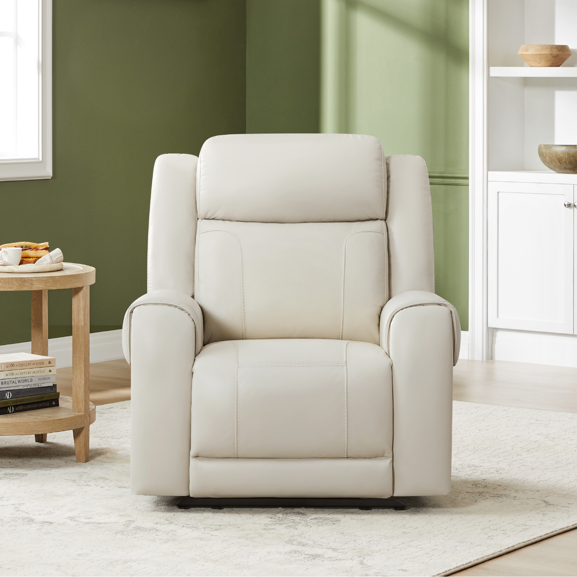 Spruce & Spring Wall Hugger Genuine Leather Power Recliner with Headrest, Cream