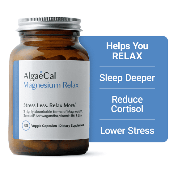 AlgaeCal Magnesium Relax - Chelated Magnesium with Ashwagandha for Sleep Support - 60 Caps