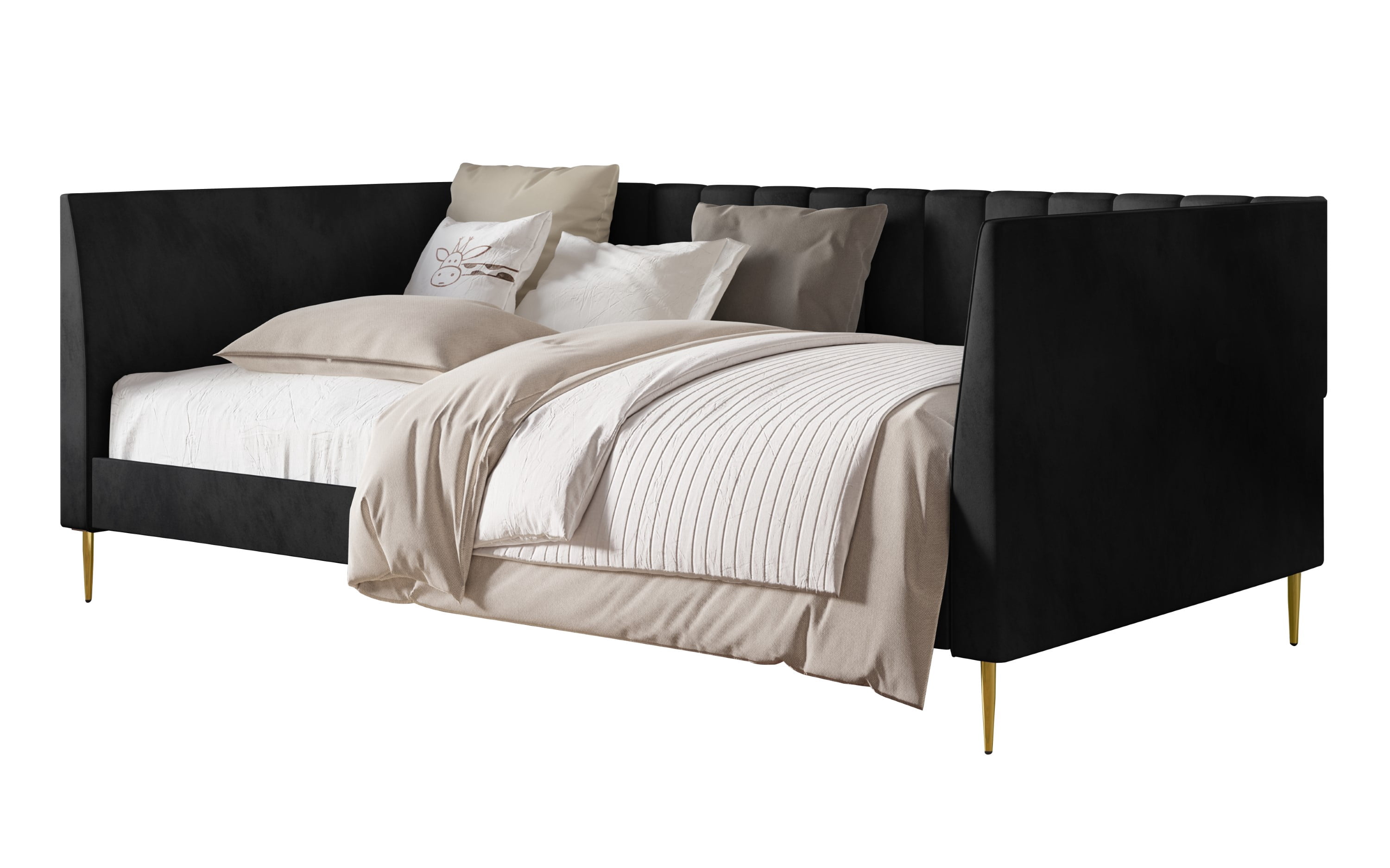 Home Design Dayton Twin Daybed, Black Velvet Upholstered Frame, Tuxedo Arms, Vertical Tufting, Plush Cushions, Gold Metal Legs for Stylish Seating & Sleeping