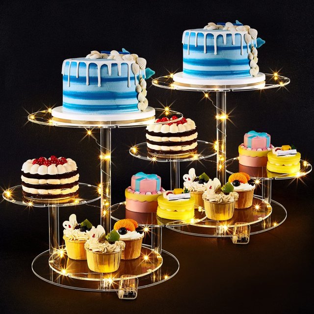 Soporte redondo transparente para tartas de 4 niveles con 2 tiras de luces LED para cupcakes, expositor de postre para bodas, baby shower, graduación, cumpleaños, fiesta de té