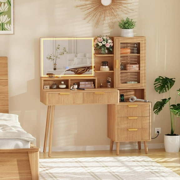 EastVita Makeup Vanity Desk with Lights & Power Outlet, Big Modern Fluted Vanity Desk with 30" HD Lighted Mirror, 5 Drawers and Storage Shelf Dressing Table