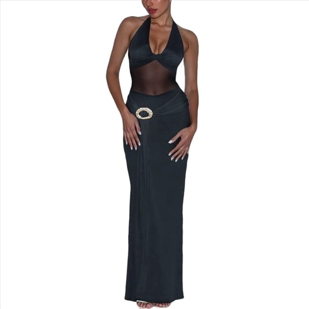 Vestido Ajustado con Espalda Abierta y Empalme de para Mujer, Vestido de Cóctel Formal con Tirantes y Cuello Halter Negro M