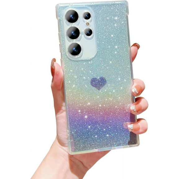 for Samsung Galaxy S23 Ultra Case, Iridescent Holographic Gradient Bling Glitter Clear Phone Case with Camera Lens Cover Soft Shockproof Cute Heart S23 Ultra Case for Women Girls 6.8" (Purple Heart)