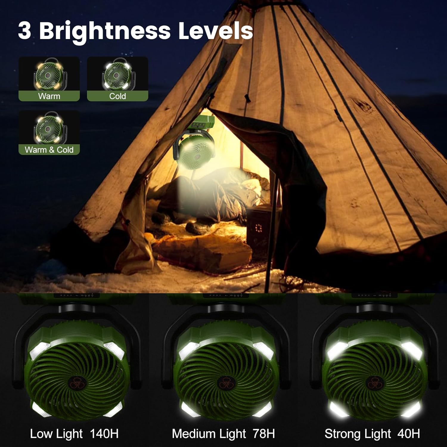 30000mAh Camping Fan with LED Lantern, Rechargeable Battery Operated Oscillating Fan with Remote & Hook, Portable Tent Fan with Timer, 4 Speeds for Outdoor Camp RV Jobsite Power Outage, Green