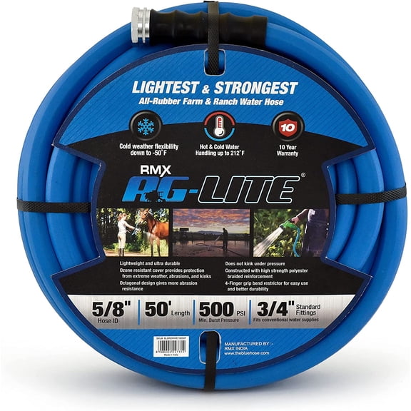 AG-Lite 5/8" x 50 ft Irrigation Hose, 100% Rubber, 500 PSI, Agriculture Grade, Lightweight & Flexible, 3/4" GHT Brass Fittings, Hot & Cold Water Use, Kink Resistant, 10-Year Warranty