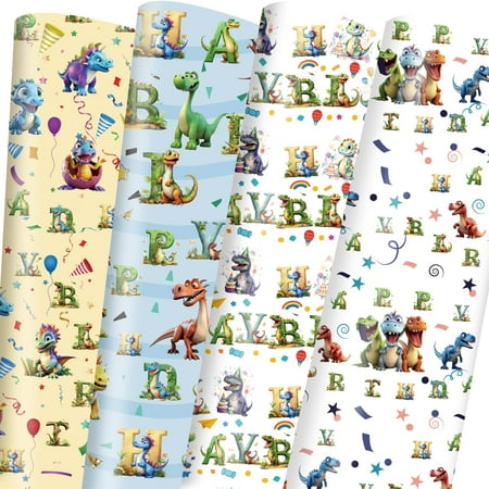 Vnaaem Dinosaur Wrapping PresNok Paper - Dinosaur Alphabet Happy Birthday - 8 Pc Boys Cartoon Dinosaur Gift Wrap for Kids girls Birthday Party Holiday Baby Shower 19.6 X27.8Inch