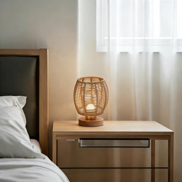 Rattan Table Lamp, Bohemian Style Small Side Lamp, Farmhouse Room Decor Table Lamp, Vintage Wicker Wood Bedside Cabinet Bamboo Woven End Table Lamp, Suitable for Bedroom, Living Room, Desk Room, 1pc