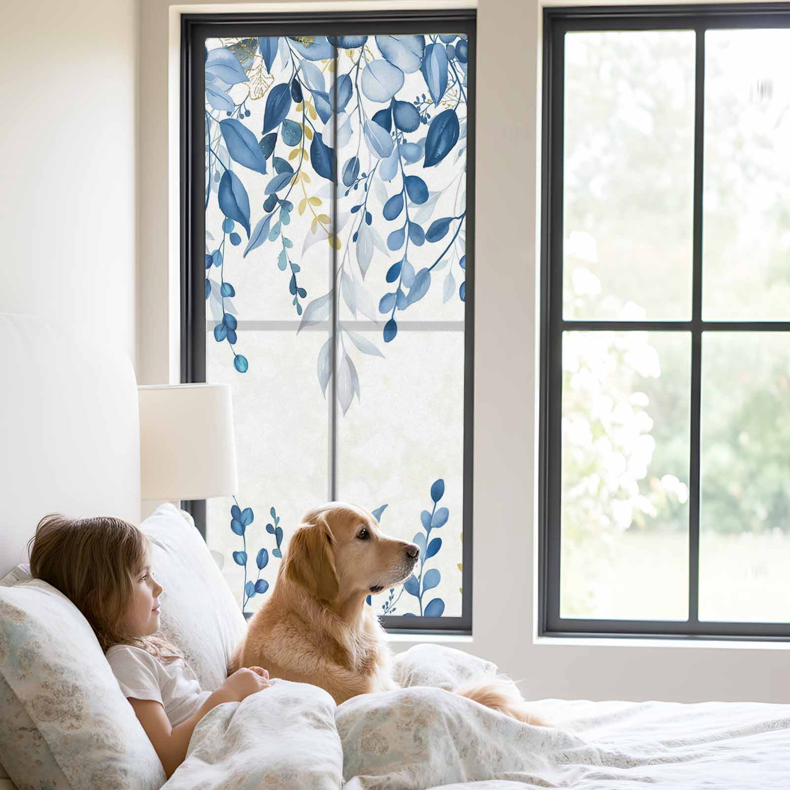 Reusable Frosted Window Coverings, Blue Eucalyptus Leaves Window Privacy Film Frosted, Farmhouse Botanical Watercolor Sun Blocking Windows Stickers for Kitchen Front Door, 23.6 x 59 Inches