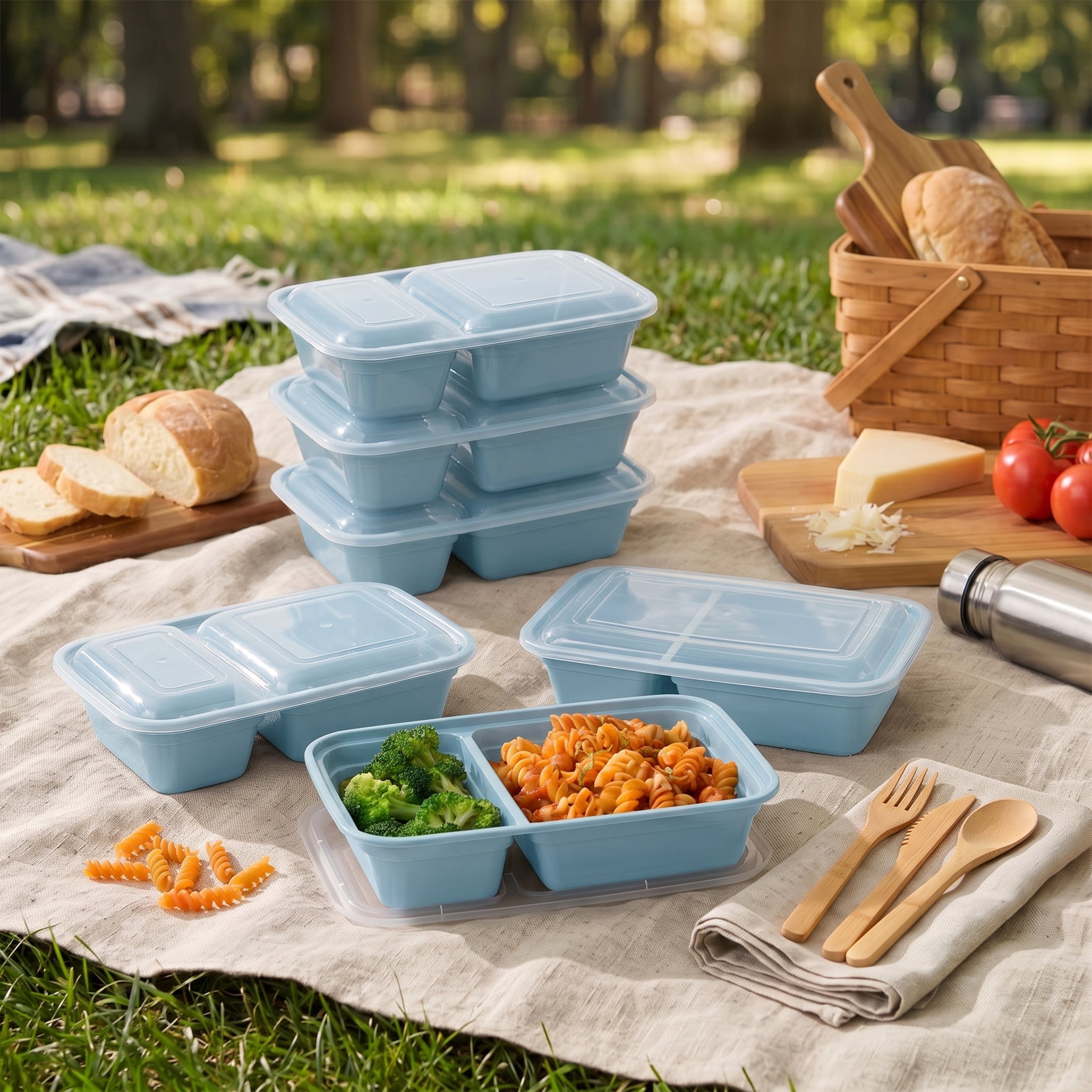 Mainstays 5-Pack 2-Compartment BPA-Free Plastic Meal Prep Food Storage Containers, 0.9L, Blue Cameo