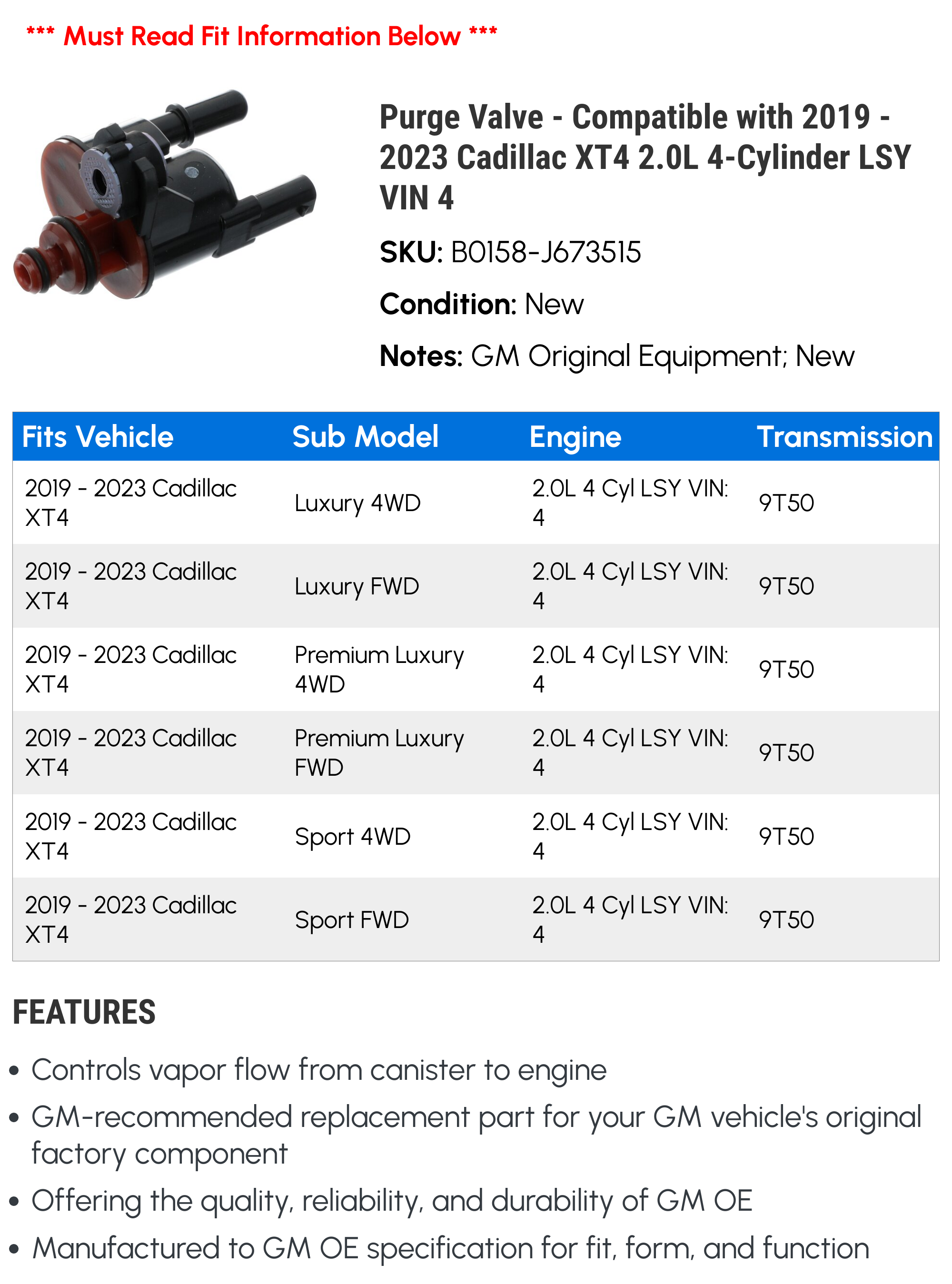 Purge Valve - Compatible with 2019 - 2023 Cadillac XT4 2.0L 4-Cylinder LSY VIN 4 - AC Delco