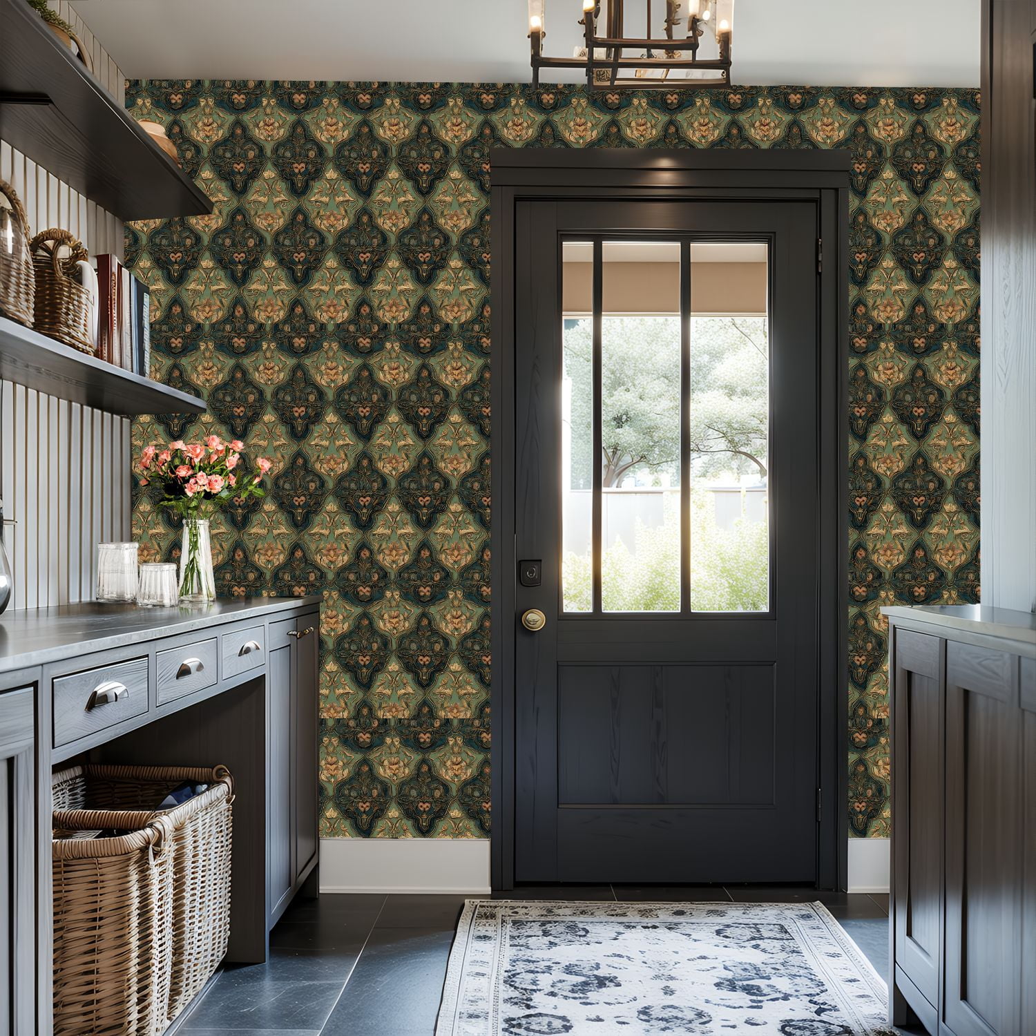 Peel and Stick Wallpaper Baroque Vintage Floral Damask Green Gold Ornate Wall Mural 17.7in x 9.8ft Self Adhesive Removable Wall Paper Renter Friendly Wallpaper for Nursery Bedroom Cabinets