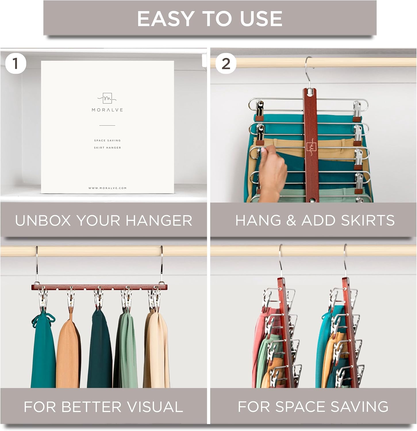 Skirt Hangers Space Saving with Clips - 2 Pack - European Beechwood 5-Tier Hanger for Shorts, Skirts, and Pants - Closet Organizer and Storage Solution for Women with 360 °   Swivel Hook