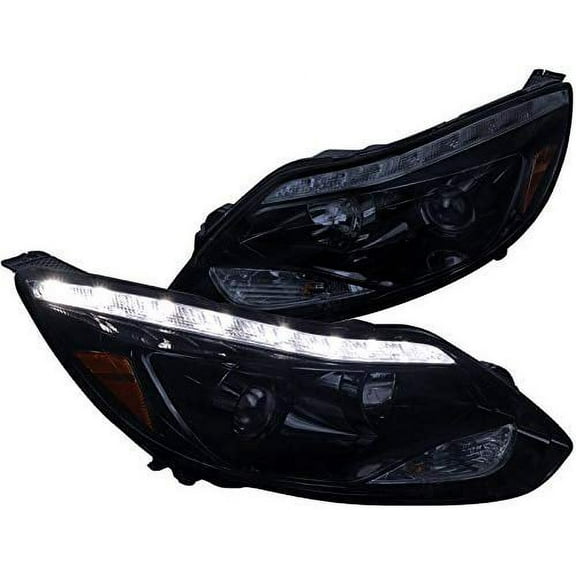 DRL LED Light Strip Projector Headlight Head Lamp Replacement in Gloss Black Housing Smoke Lens Made For And Compatible With 2012 - 2014 Ford Focus 12 13 14