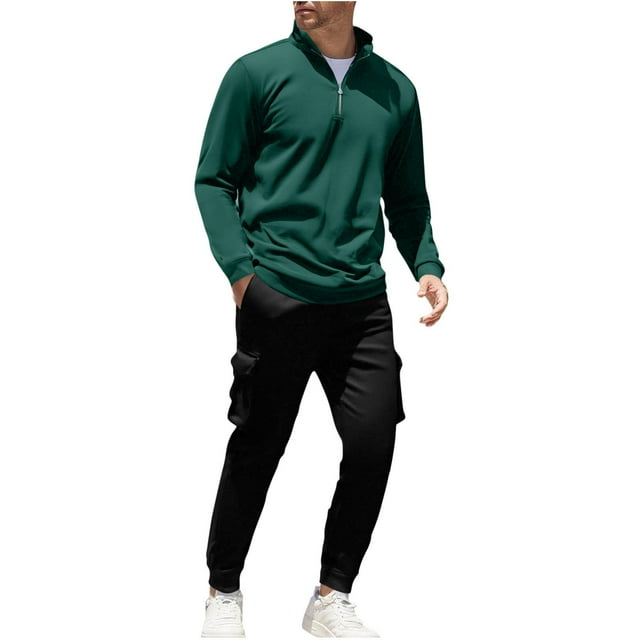 HAiming Mens 2 Piece Tracksuit Long Sleeve Quarter Zip Stand Neck Tops and Cargo Pant Solid Color Outfits with Pockets