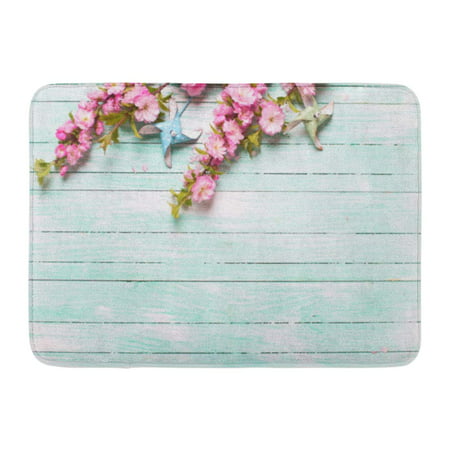 GODPOK Anniversary Pink Almond Flowers and Windmills on Turquoise Wooden Place for Text Selective Focus Top View Rug Doormat Bath Mat 23.6x15.7