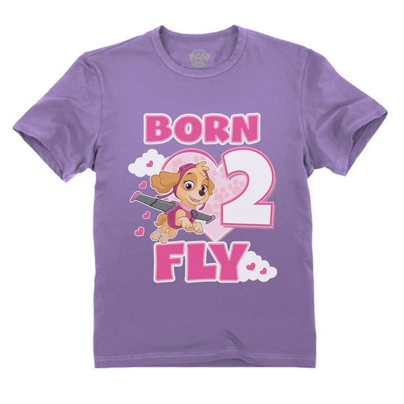 Tstars Girls 2nd Birthday Gift Tshirt Birthday Gift for 2 Year Old Paw Patrol Skye Born 2 Fly Birthday Shirts for Girl Graphic Tee 2nd Birthday B Day Birthday Party Toddler Kids T Shirt