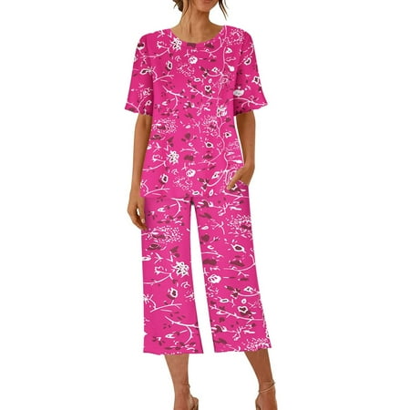 

Zlekejiko Pajamas For Women Set Short Sleeve Capri Pajamas Ladies Soft Comfy Summer Sleepwear Set With Pockets Trousers Suit