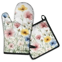 Floral Watercolor Painting Kitchen Oven Mitt and Pot Holder Sets 2 Pcs for Baking, Cooking and Grilling, Heat Resistant Up To 392 °F