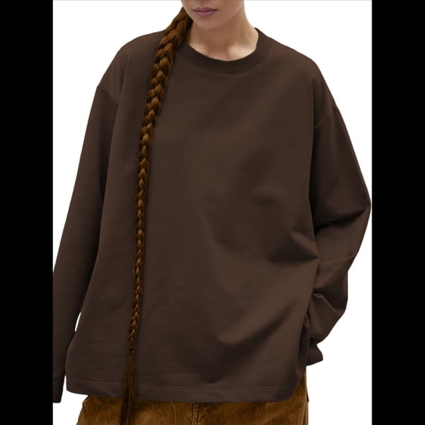 Camisetas de Larga Extragrandes para Mujer 2025, Camisetas Básicas de Cuello Redondo, Tops de Otoño, Ropa Informal de Entrenamiento Y2K Marrón S