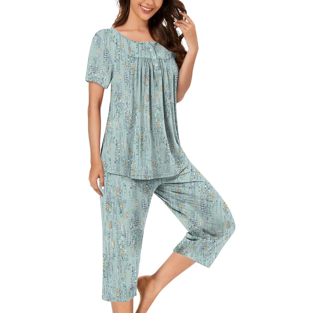 Pisexur Ensembles de Pyjama pour Femmes 2 Pcs Ensemble de Détente Élégant Boho Chemises de Nuit Florales pour Femmes Confort Décontracté Col Rond Manches Courtes Plissées T-Shirts Boutonnés Hauts et Pantalons Longueur Genou avec Poches
