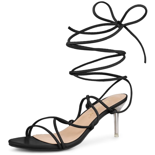Sandalias de tacón de aguja con tiras y punta abierta para mujer negro, EE. UU. 7