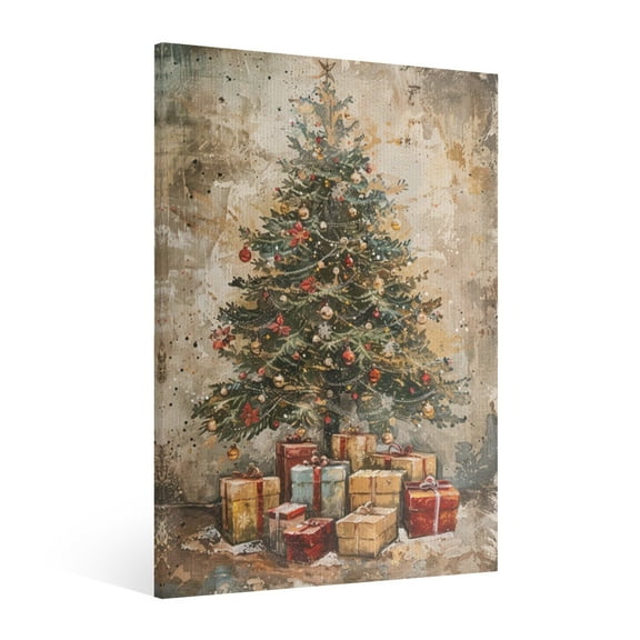 Vintage Christmas tree Wall Art Paint Framed - Retro Xmas Festive Winter Holiday Christmas Wall Decor Canvas Print for Living Room Kitchen Bathroom Home Bedroom Decor