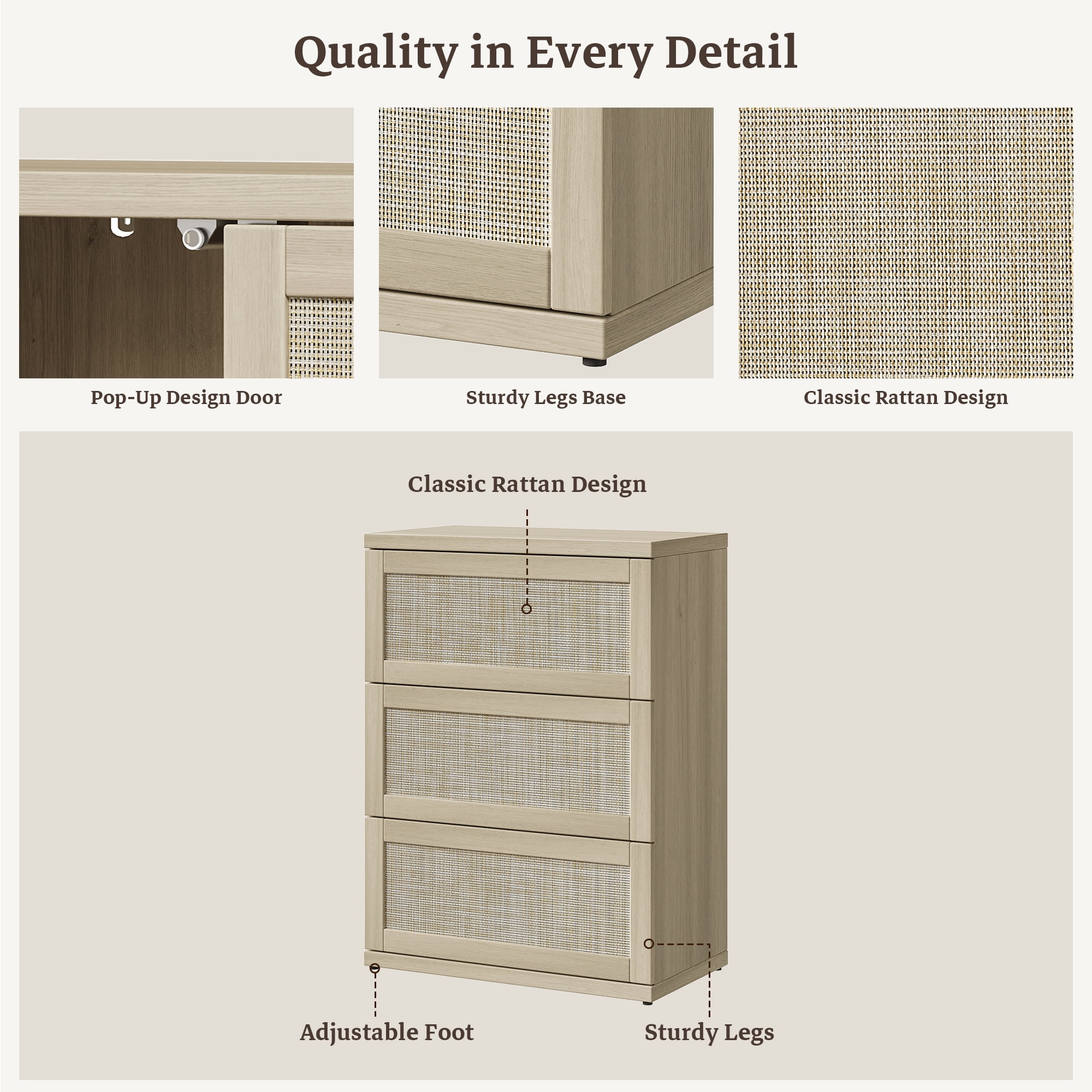SICOTAS Small 3-Drawer Dresser Nightstand Set of 2, 50.7"W Boho 6 Drawer Dresser with Slide Rails, Rattan Chest of Drawers, Modular Storage Cabinet for Bedroom & Living Room, Light Oak
