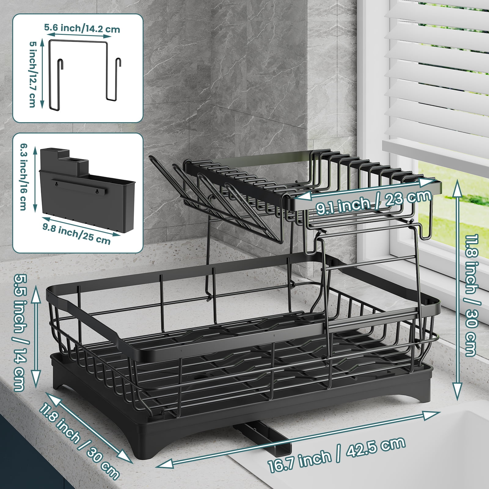 Yeabett 2 Tier Dish Drying Rack Stainless Steel,Dish Racks with Water Tray Dish Drainer for Kitchen Counter with Utensil & Cup Holder