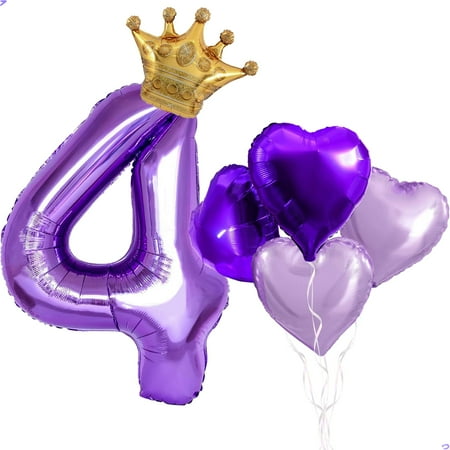 40 inch Large CORNET Purple Number 4 Crown Balloon for Princess Jasmine Birthday Decorations, Foil Mylar Jasmine Birthday Balloons for Girls Purple Theme Birthday Party Decorations, Supplies