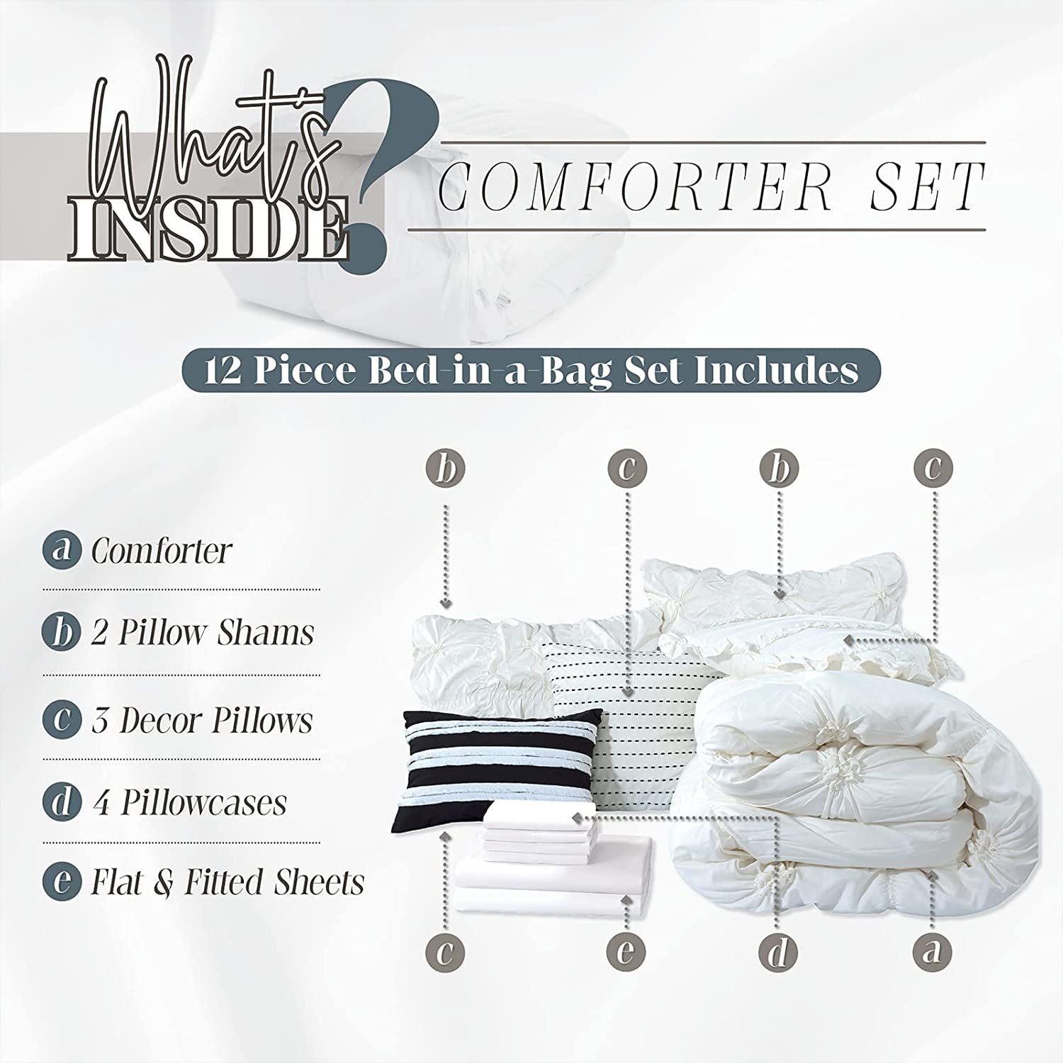 Elegant Comfort Amy 12-Piece Oversized Comforter, Bed-in-a-Bag Including 6-Piece Sheet Set Featuring Smart Pockets and Matching Decorative Pillows, Amy 12PC Oversized Comforter, Cali King, Ivory