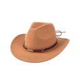 thumbnail image 3 of Western Cowboy Fedora Hatmetal Feather Leather Band Wide Brim Sun Hat For Outdoor Sport Gardening(Gold-58Cm), 3 of 3