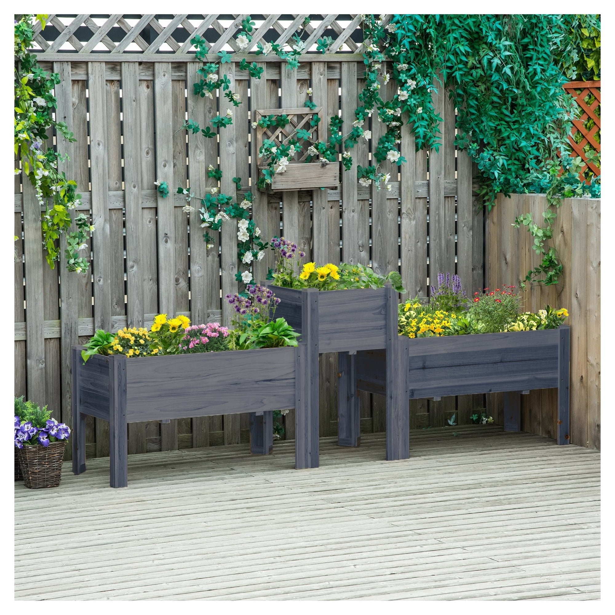 Raised Garden Bed Set of 3 Elevated Wood Planter Box with Legs Gray - Grow Vegetables Herbs Flowers Backyard Patio
