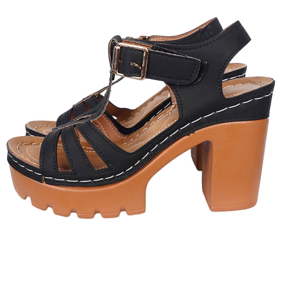 KIJBLAE Women's Chunky Heel Gladiator Sandals, Open-Toe Cutout with Buckle, Plus Size Gothic Comfort Footwear Black 39