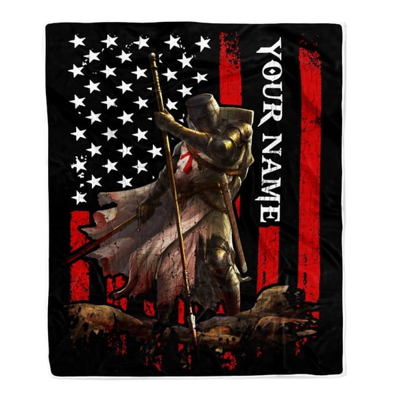 Knight Templar Blanket Name Crusader Warrior American Flag For Men Husband Dad Son Birthday Bed Fleece Blanket, 60x80in Fleece Blanket