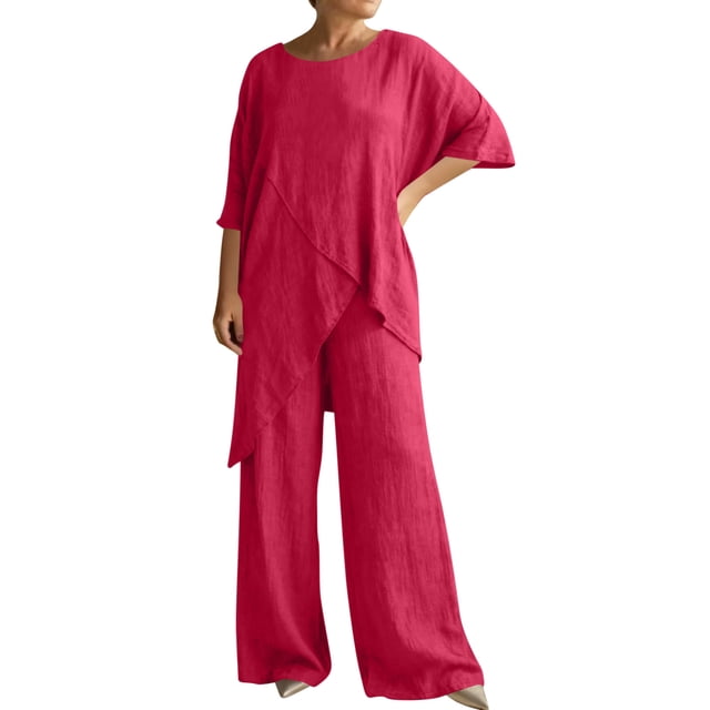 RKSTN Lounge Ensembles pour Femmes Ensembles en Lin Flammé pour Femmes 2 Pcs Col Ras du Cou Manches Courtes Coupe Ample Ensembles Décontractés