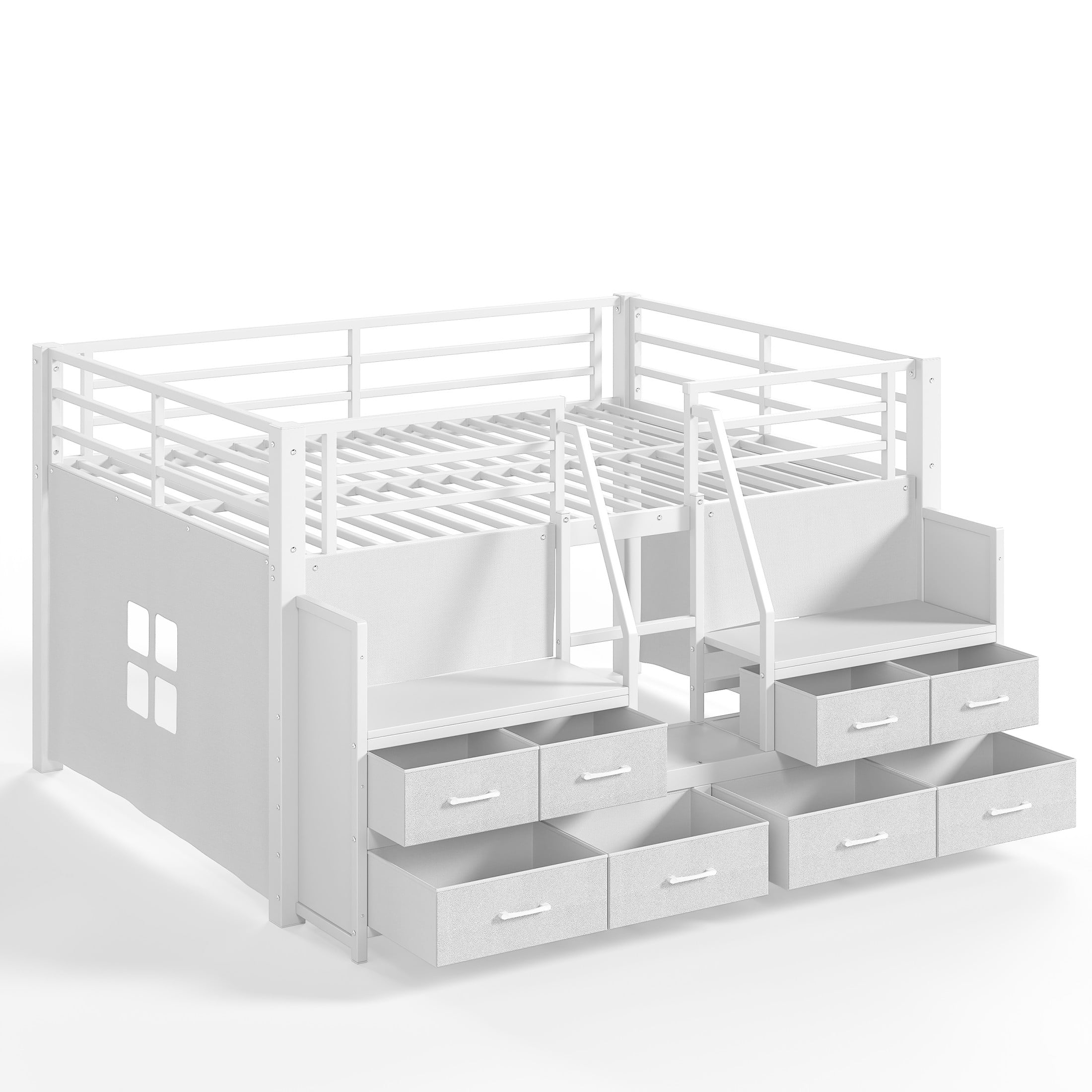 Aukfa Full Size Loft Bed with 8 Storage Drawers, Shelves & LED Lights, Metal Low Loft Bed for Kids Bedroom, White