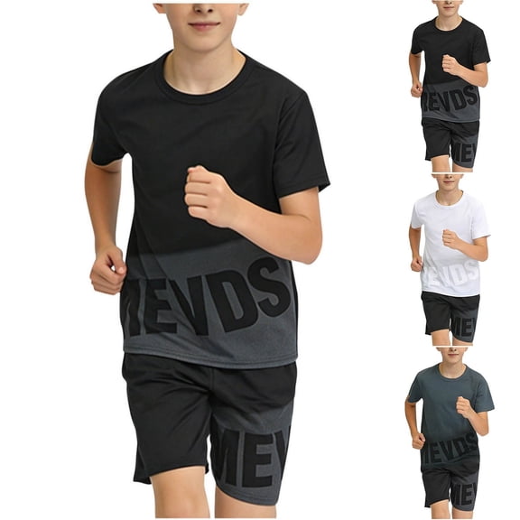 Bnwani Boys Athletic Outfit Sets Pullover Comfortable 2 Piece Breathable Shirt and Shorts Black Size 12-16